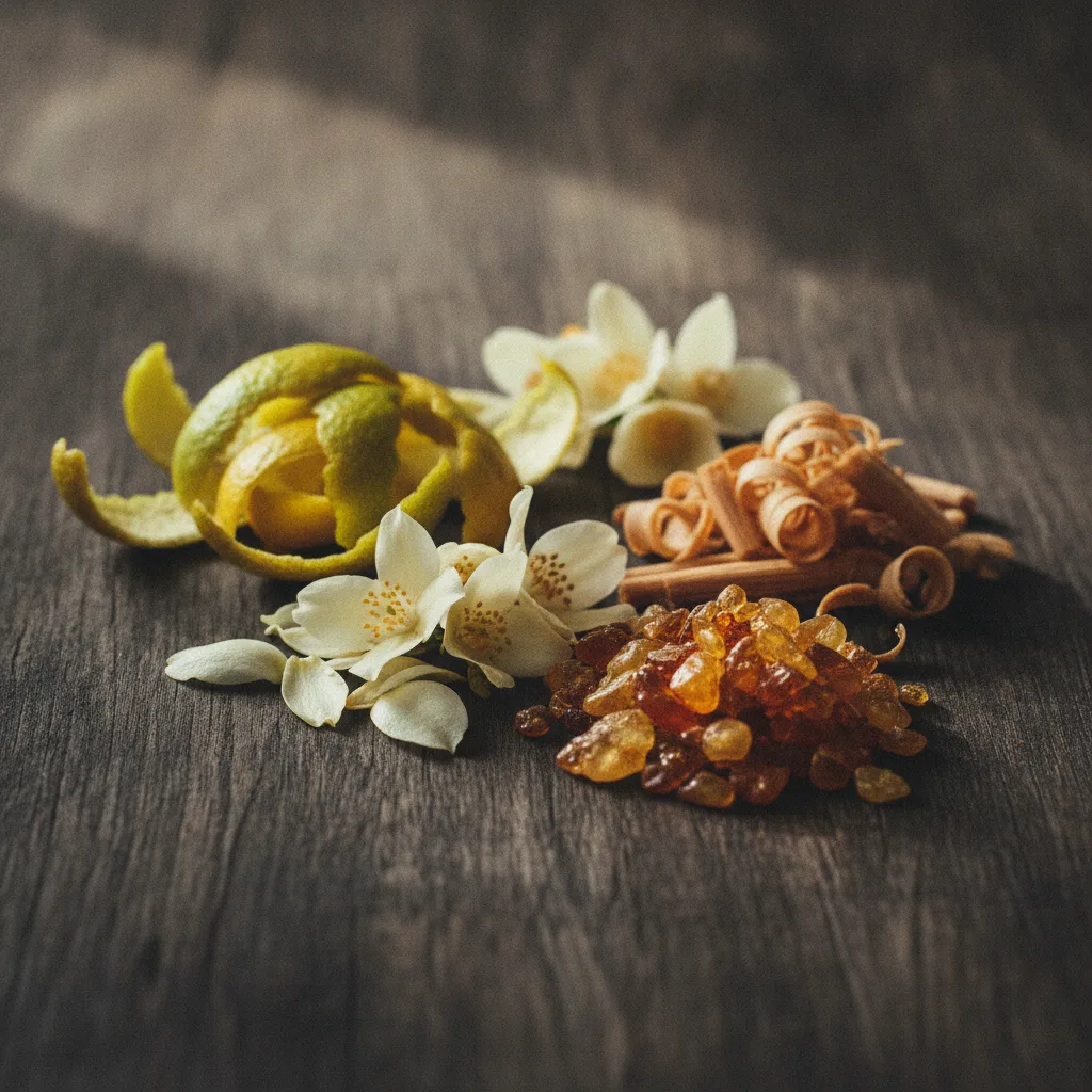 The raw materials behind the fragrance: bergamot, jasmine, sandalwood, and amber