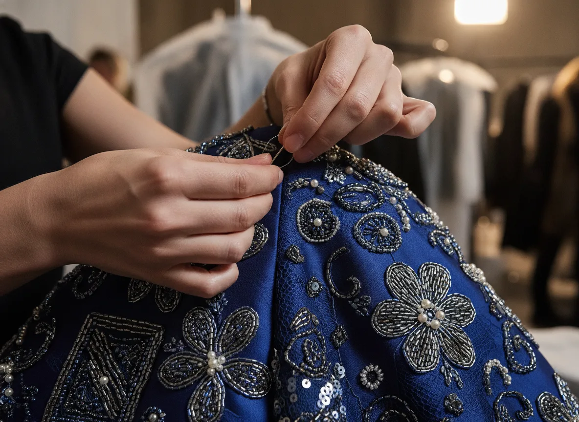 Last-minute hand-stitching on a beaded bodice -- some garments were still being finished minutes before the walk