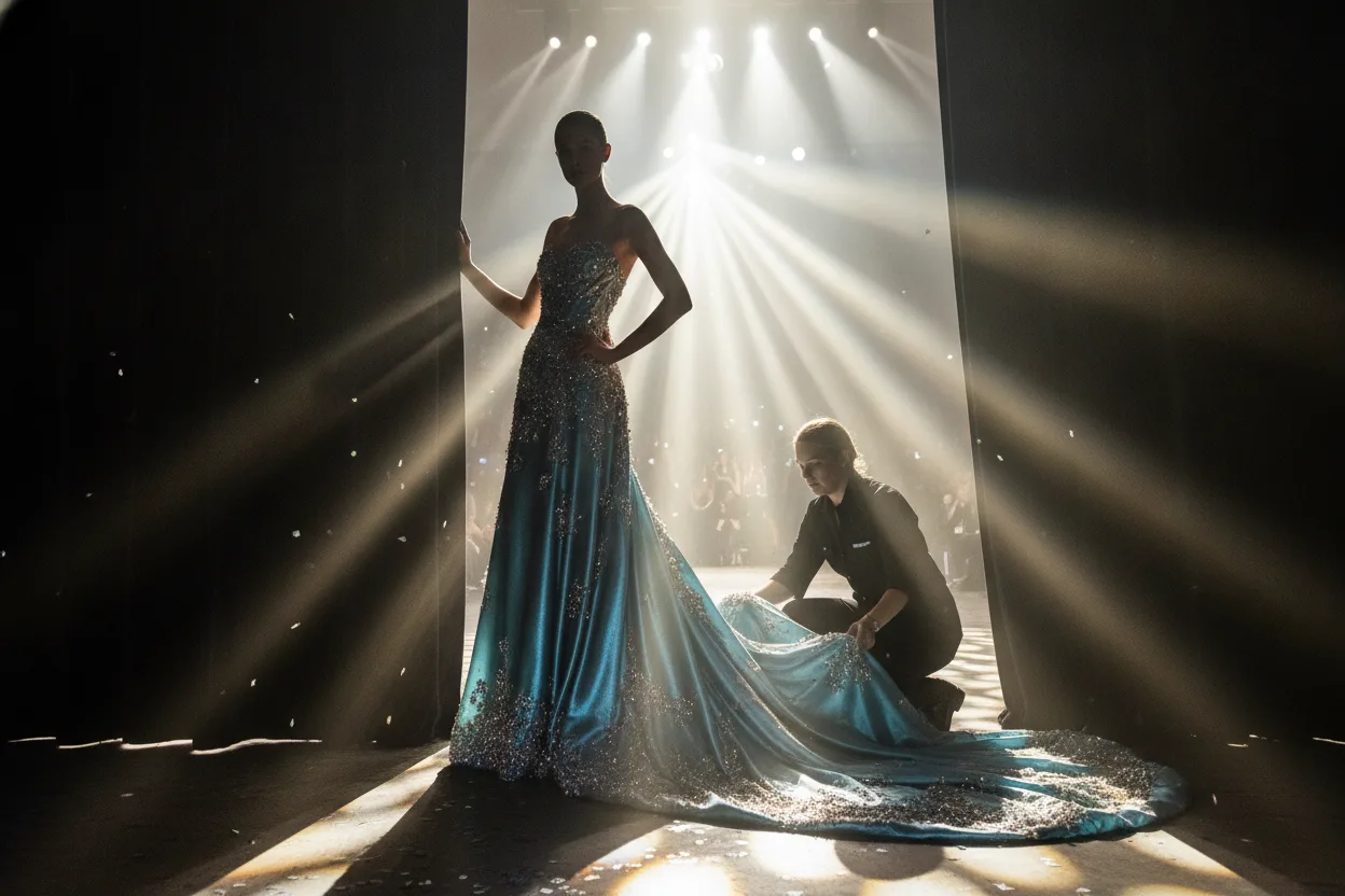 The final look of the evening waits for her cue at the curtain's edge