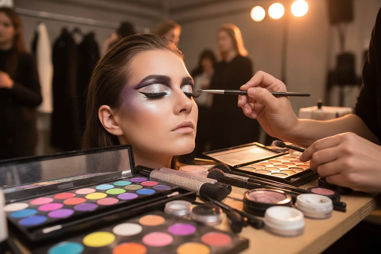 Lead makeup artist Nadia Ferrara perfects the signature smoky eye that defined the collection