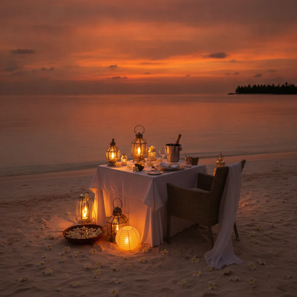 Sandbank dining at Isla Serena — the table appears at low tide and vanishes with the water