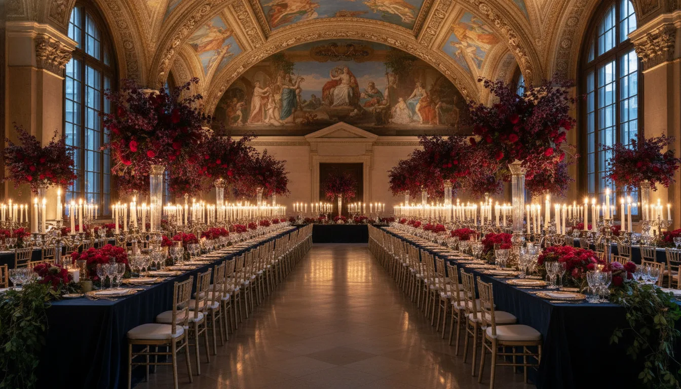 The dinner setting in the Great Hall — three hundred guests, one hundred candles per table