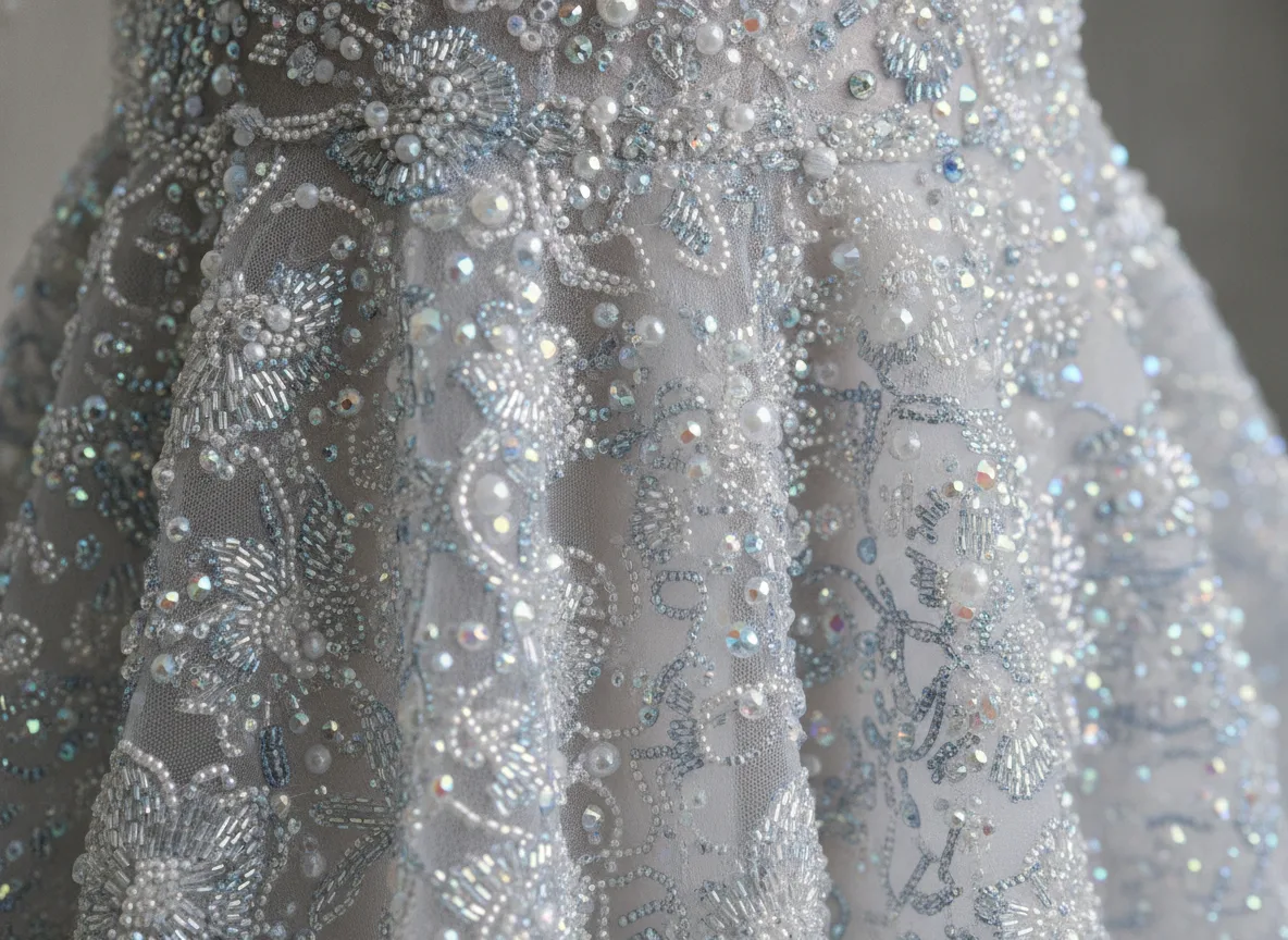 The hand-embroidered detail on Lena Orlova's Maison Verre gown required over twelve hundred hours of atelier work