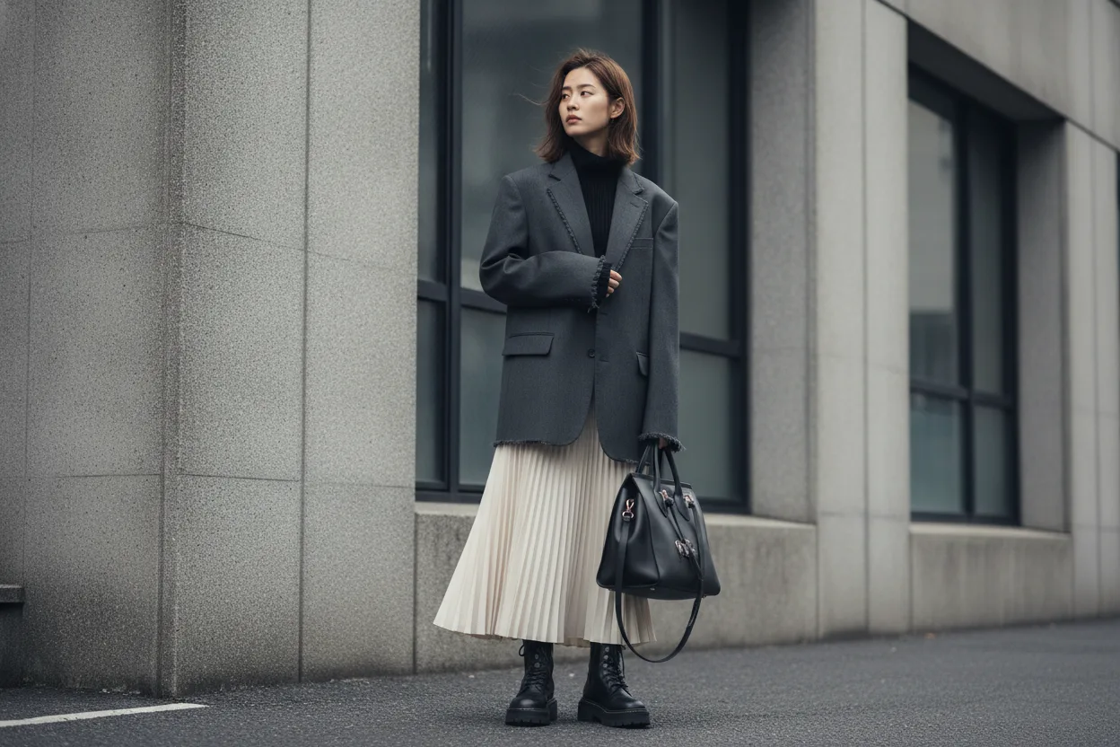 A look from the Koenji neighborhood that blends workwear deconstruction with haute couture silhouettes