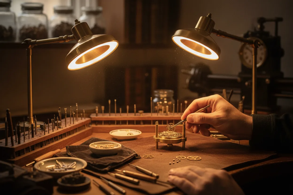 A restoration bench at Horlogerie Marchand, where vintage pieces are returned to working order